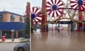 A before and after of what an amusement park would look like before and after flooding