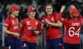 England's Nat Sciver-Brunt celebrates with teammates after taking the wicket of Bangladesh's Ritu Moni.