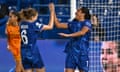 Mayra Ramírez and Sjoeke Nüsken show their delight after the Colombia striker scored Chelsea’s third.