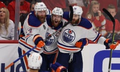 The Edmonton Oilers’ Connor McDavid, center, is among the NHL’s biggest stars as the puck drops on the regular season on Friday in Prague. 