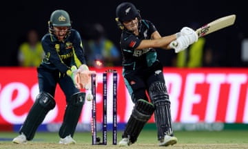 New Zealand’s Eden Carson is bowled by Megan Schutt of Australia