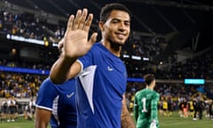 Levi Colwill waves to the camera while on the pitch with Chelsea at a pre-season friendly against Borussia Dortmund in Chicago, USA