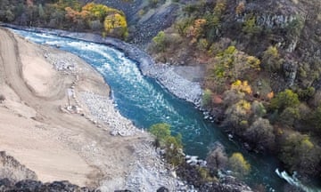 Water flowing down the Klamath River where the Copco 2 dam once stood in Siskiyou county, California.