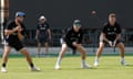 Ben Duckett, Harry Brook and Joe Root at catching practice in Multan