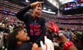 Ka'imi Fairbairn celebrates after his 59-yard field goal decided the Texans’ victory over the Bills