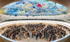 Delegates stand at the opening of the 54rd UN Human Rights Council in Geneva, Switzerland, on 11 September 2023