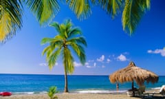 A beach in St Lucia with palm trees and parasols